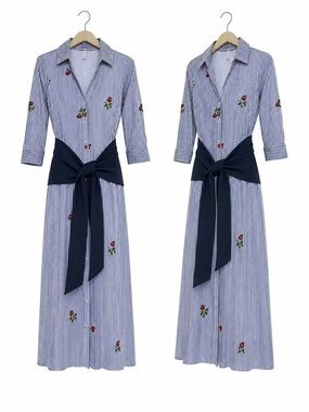 Striped Blue Maxi Shirt Dress with Navy Waist Tie and Floral Embroidery